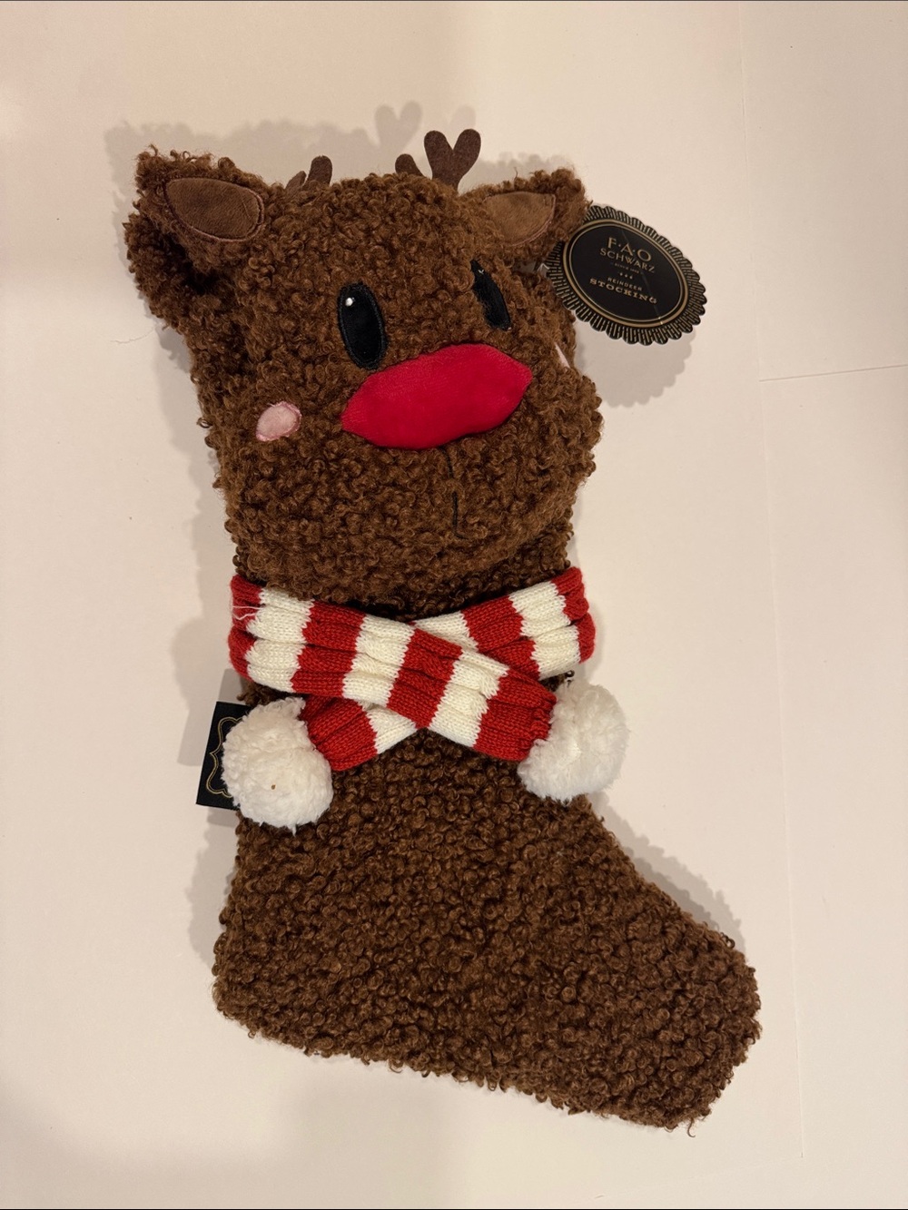 FAO Schwarz Curly Plush Rudolph the Red Nosed Reindeer Holiday Stocking